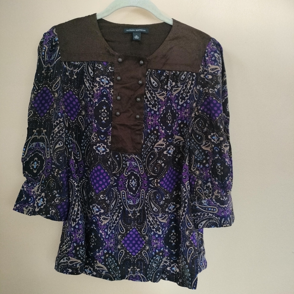 Banana Republic Purple Brown Silk Paisley Blouse Top M Preppy Office Boho